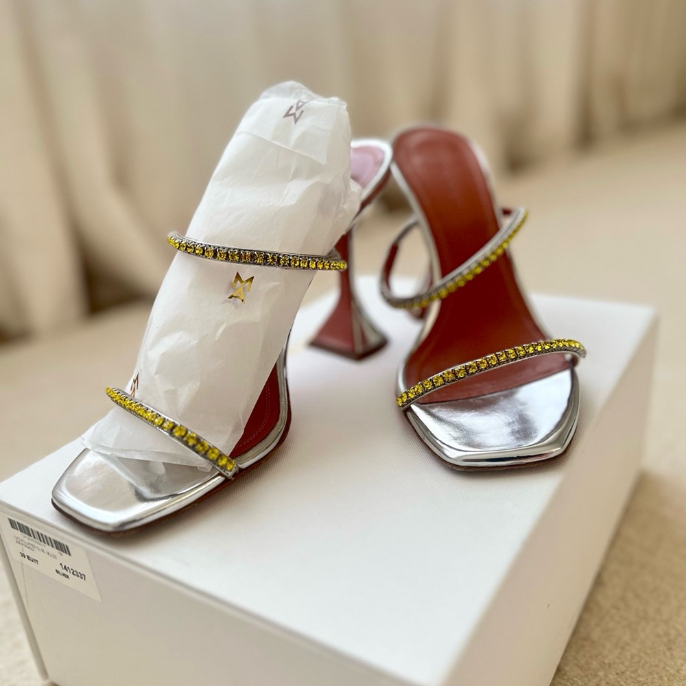 Amina Muaddi Silver and Green Crystal Mule Heels